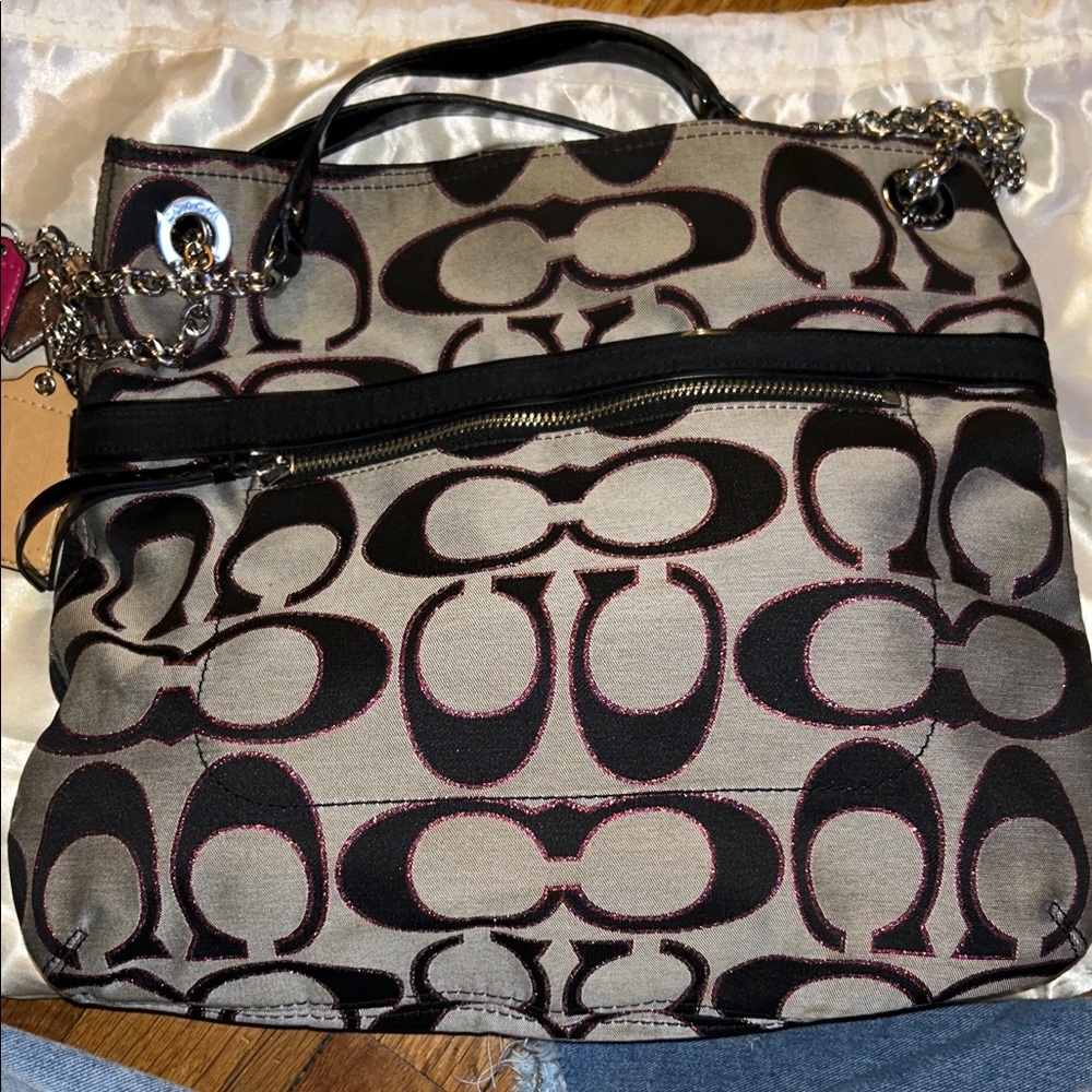Coach Black and Tan Signature Shoulder Bag
